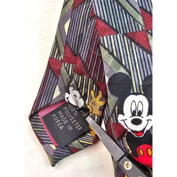 Vintage Disney Mickey Mouse Polyester Tie Geometric Pattern Red & Blue Korea - Picture 2 of 6